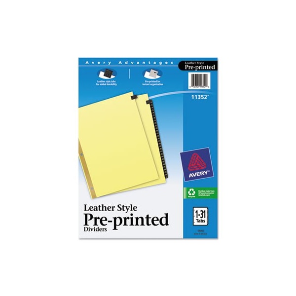 Avery Dennison Avery, Preprinted Black Leather Tab Dividers W/gold Reinforced Edge, 31-Tab, Ltr 11352 - main